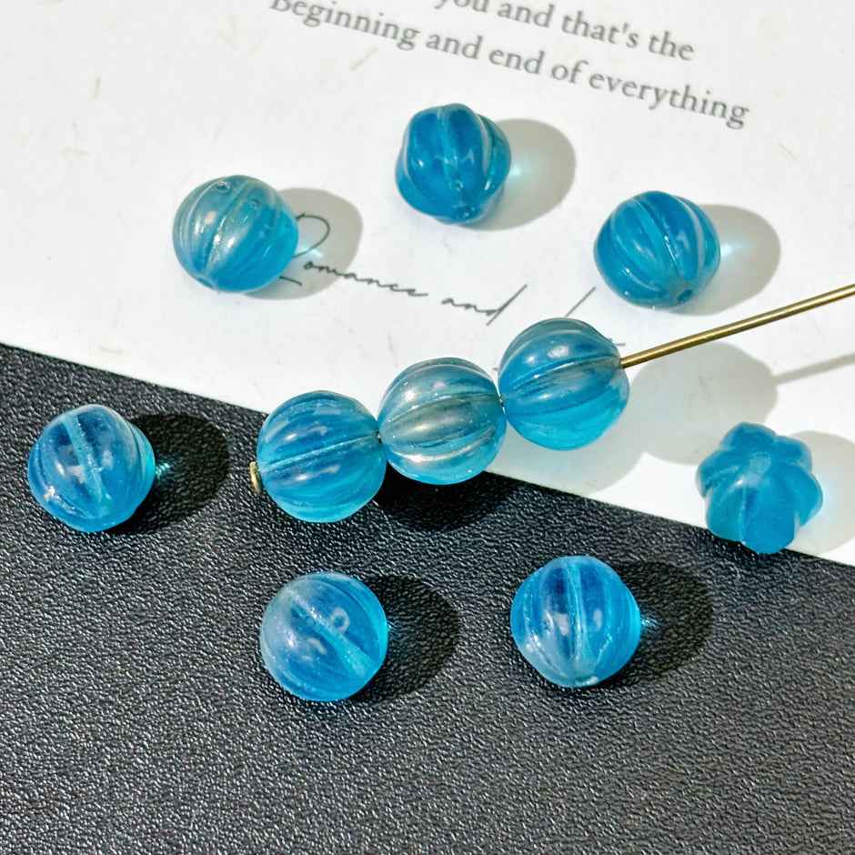 8mm Czech Glass Pumpkin Beads - Translucent Blue with AB Finish