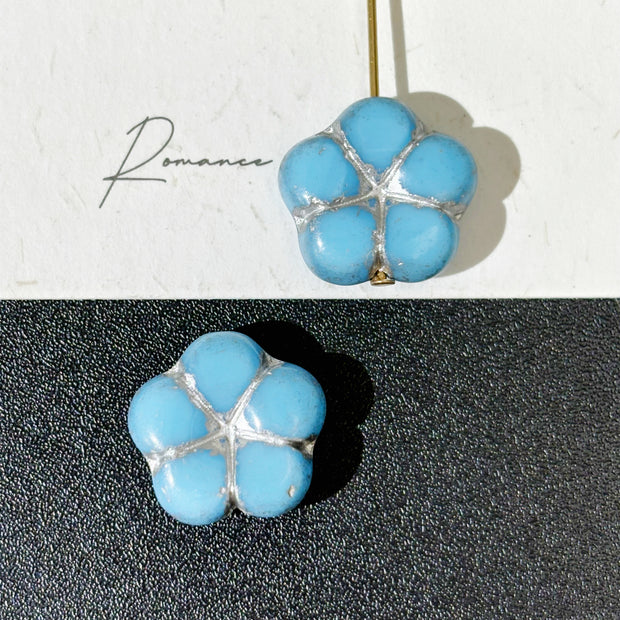 12mm Czech Glass Mangosteen Flower Beads - Puffy Blue with Silver Accent