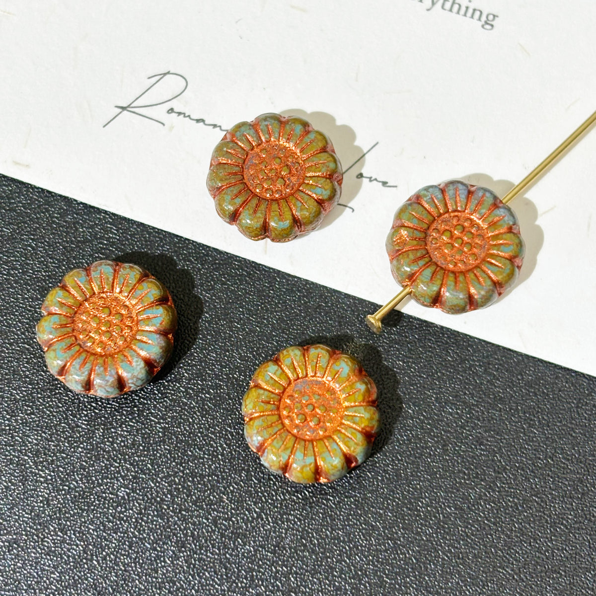 13mm Czech Glass Sunflower Coin Beads - Floral Round Loose Beads for DIY Bracelets & Necklaces