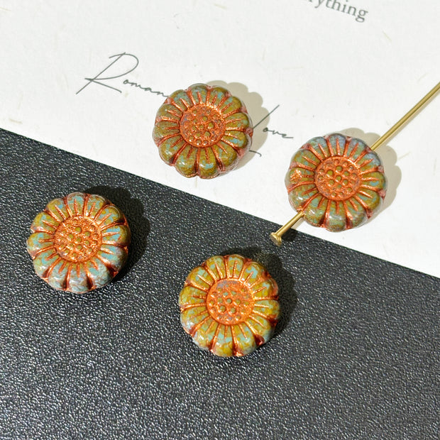 13mm Czech Glass Sunflower Coin Beads - Floral Round Loose Beads for DIY Bracelets & Necklaces
