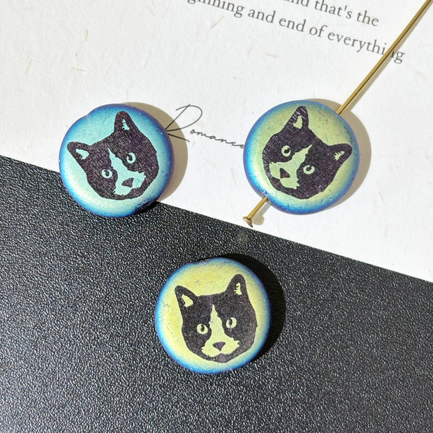 17mm Laser-Etched Cat Head Czech Glass Beads 1pc- Iridescent AB Finish Loose Focal Beads for DIY Jewelry & Necklaces