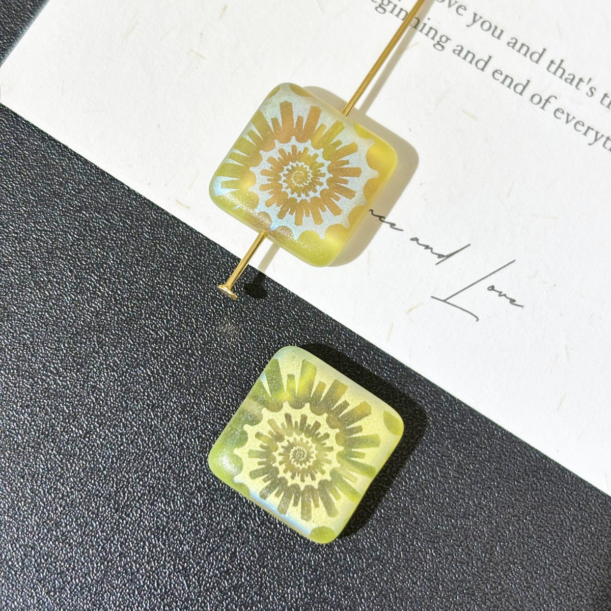 Laser Etched Czech Glass Square Beads - Shell, Sea Urchin & Checkerboard Pattern Loose Cube Beads