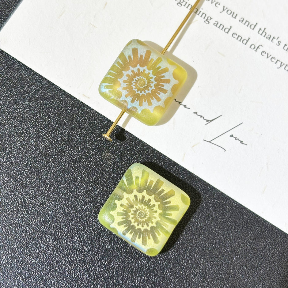 Laser Etched Czech Glass Square Beads - Shell, Sea Urchin & Checkerboard Pattern Loose Cube Beads