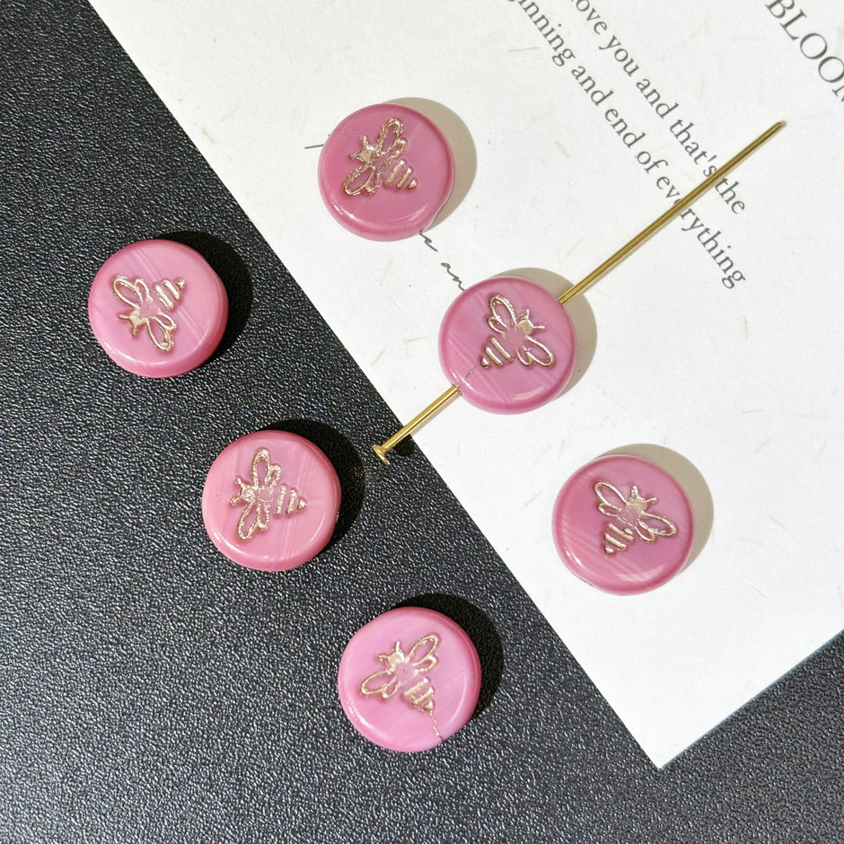 12mm Pink Czech Glass Bee Coin Beads with Silver Wash 1pc - Honeybee Loose Beads for DIY Jewelry
