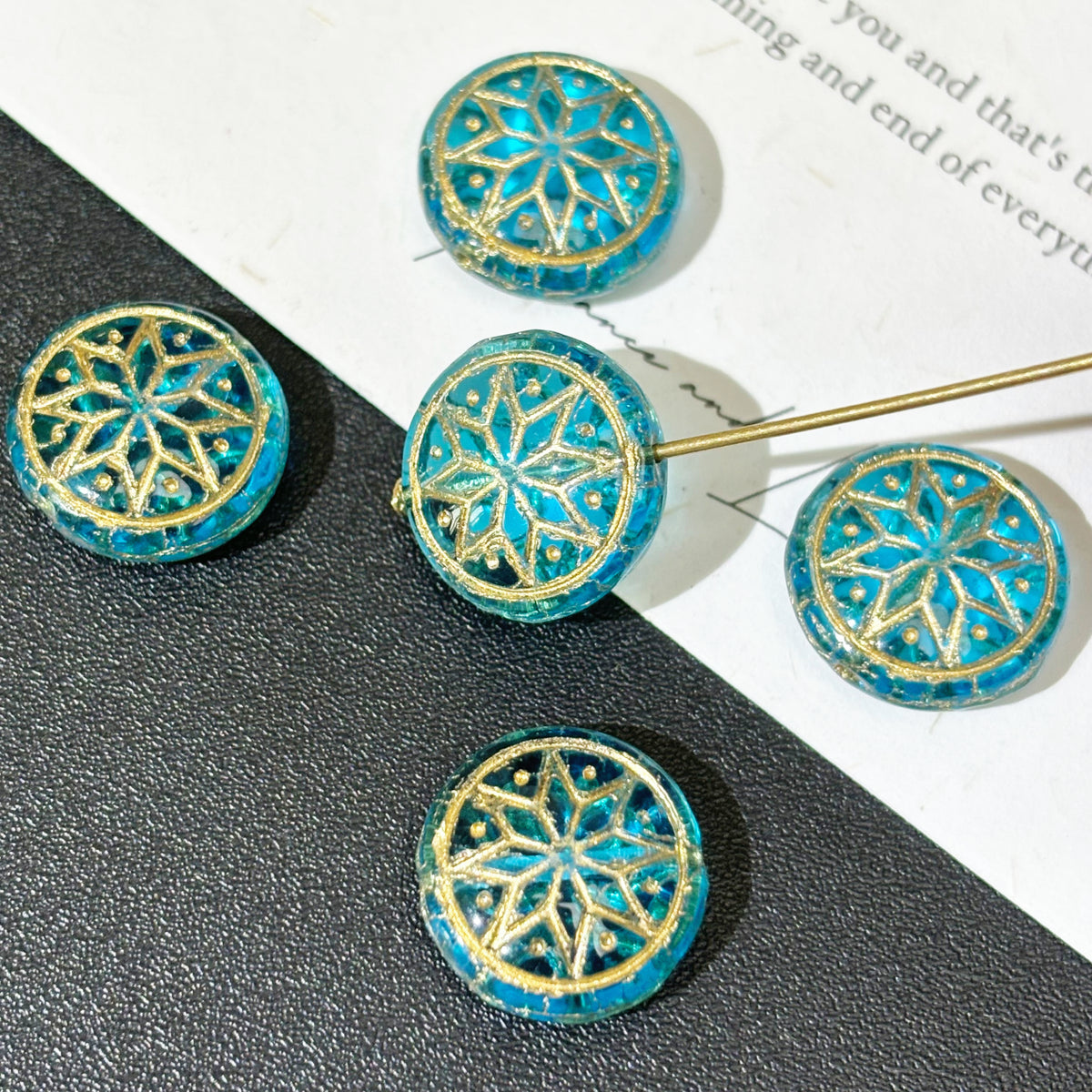 Czech Glass Blue Flecks Beads - Speckled Blue Loose Beads with Metallic Flecks for DIY Jewelry