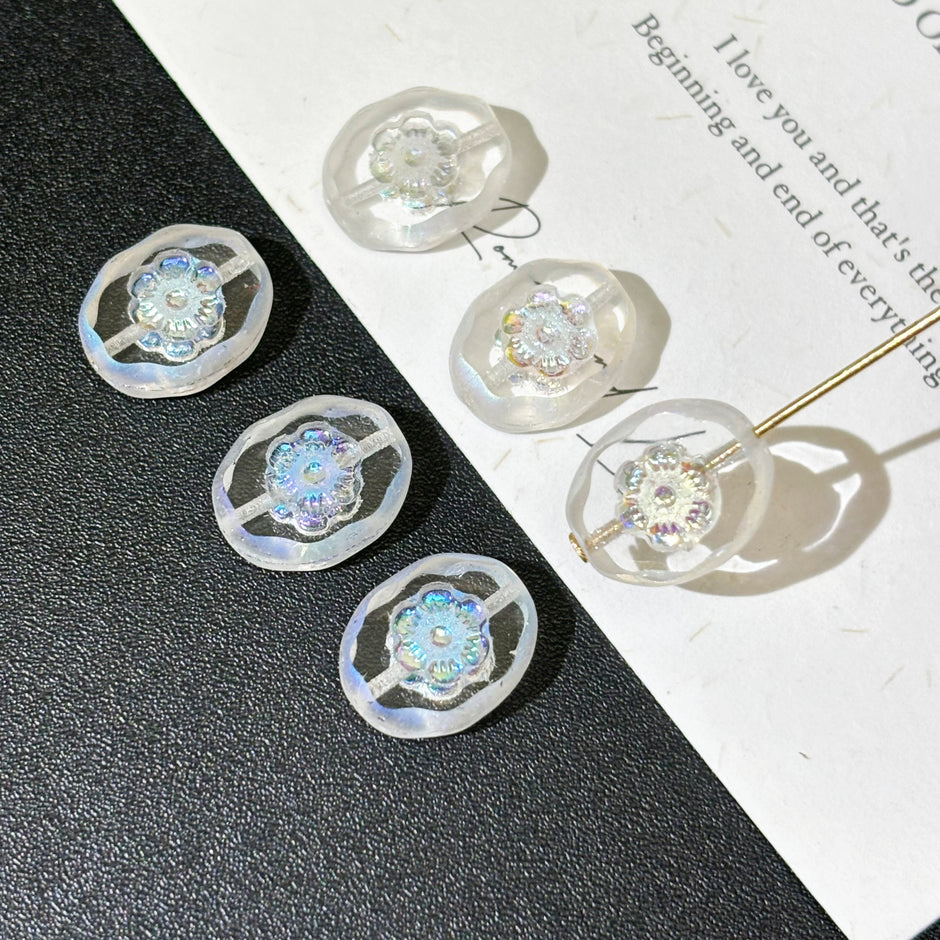 14x11mm Faceted Czech Glass Seal Flower Beads - Table Cut Floral Plaque Loose Beads for DIY Jewelry