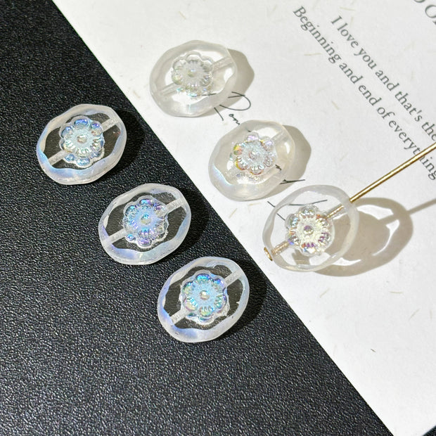 14x11mm Faceted Czech Glass Seal Flower Beads - Table Cut Floral Plaque Loose Beads for DIY Jewelry