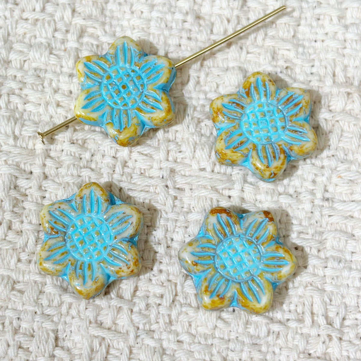 18mm Bone White Czech Glass Sunflower Beads with Blue Wash Single piece