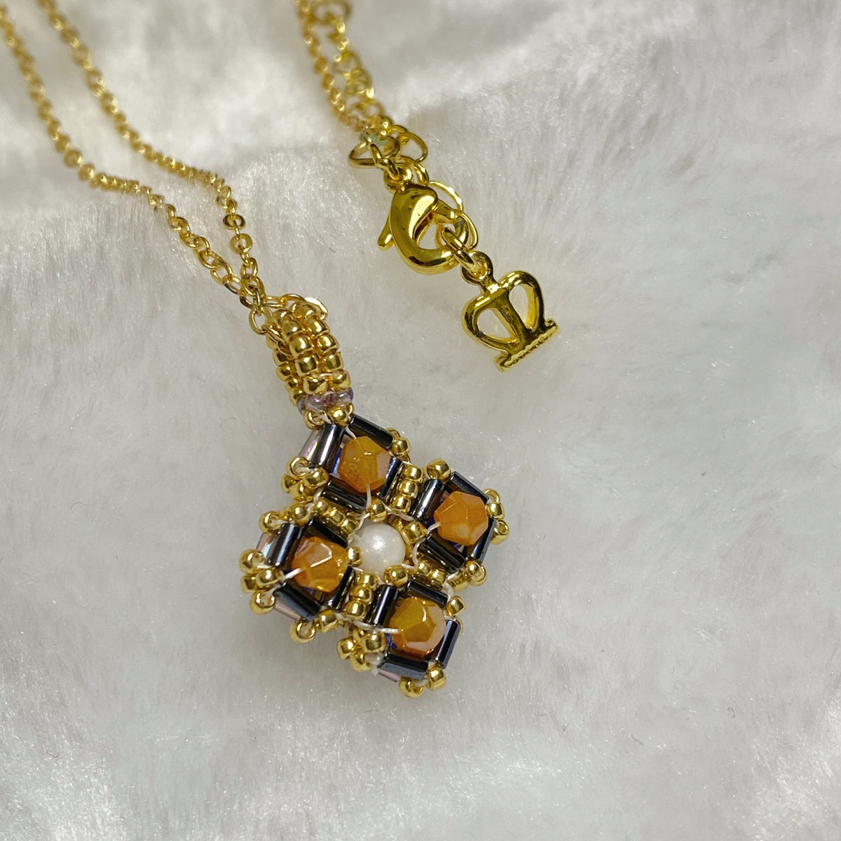 (N9) Reversible Citrine & Sapphire Crystal Pendant - TOHO Miyuki Bead Weave