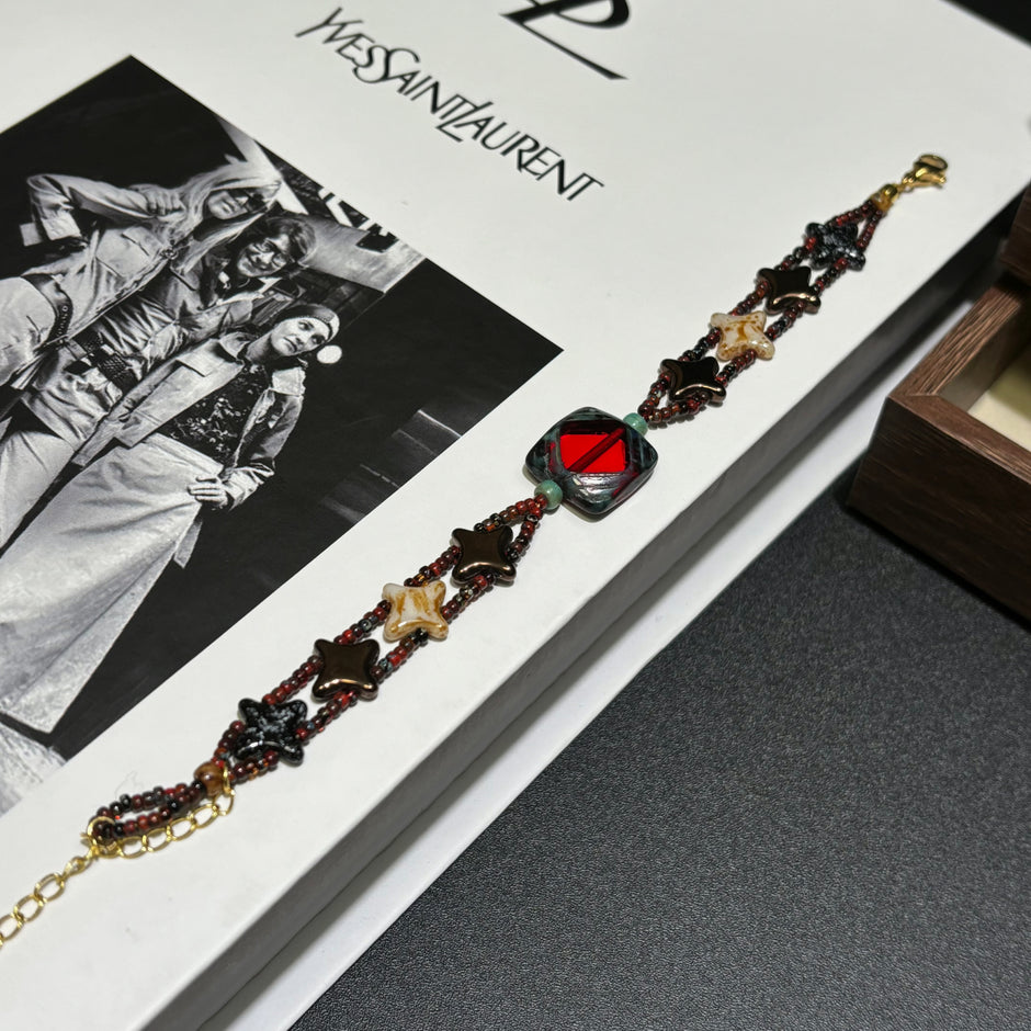 Vintage Picasso Czech Glass Bracelet - Square Centerpiece, Four-Pointed Star & Artisan Seed Bead Weave