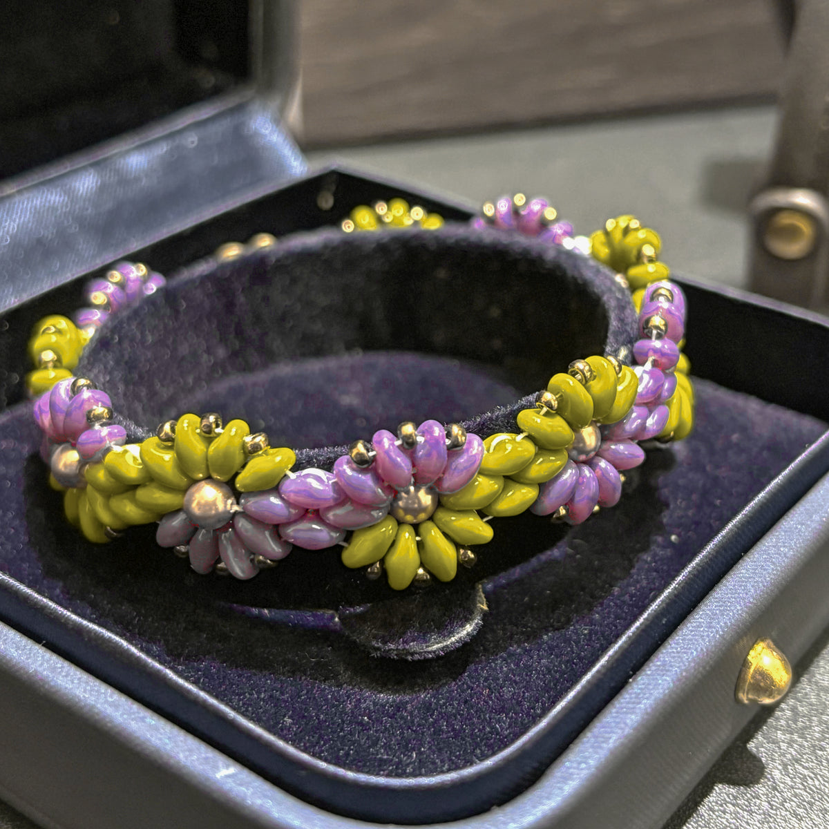 Bicolor Sunflower Bloom | Czech Super Duo, SW Pearl & Miyuki Bronze Seed Bead Bracelet