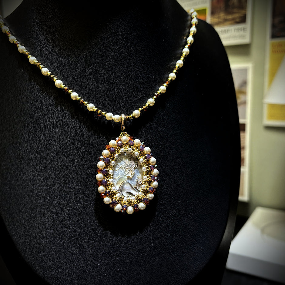 (N6) Cameo Goddess | Black Mother-of-Pearl Pendant Necklace with Swarovski Pearls & TOHO Seed Beads