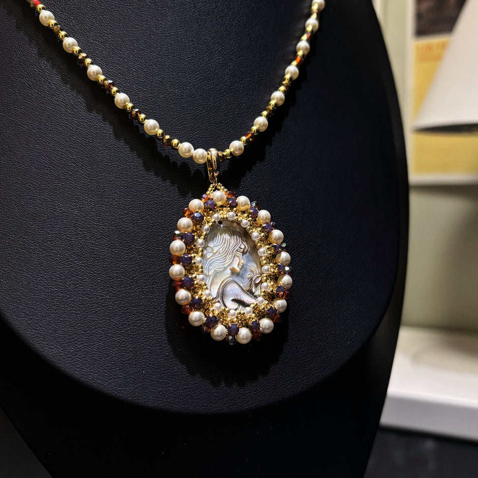 (N6) Cameo Goddess | Black Mother-of-Pearl Pendant Necklace with Swarovski Pearls & TOHO Seed Beads