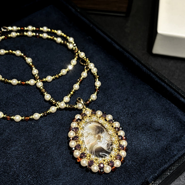 (N6) Cameo Goddess | Black Mother-of-Pearl Pendant Necklace with Swarovski Pearls & TOHO Seed Beads
