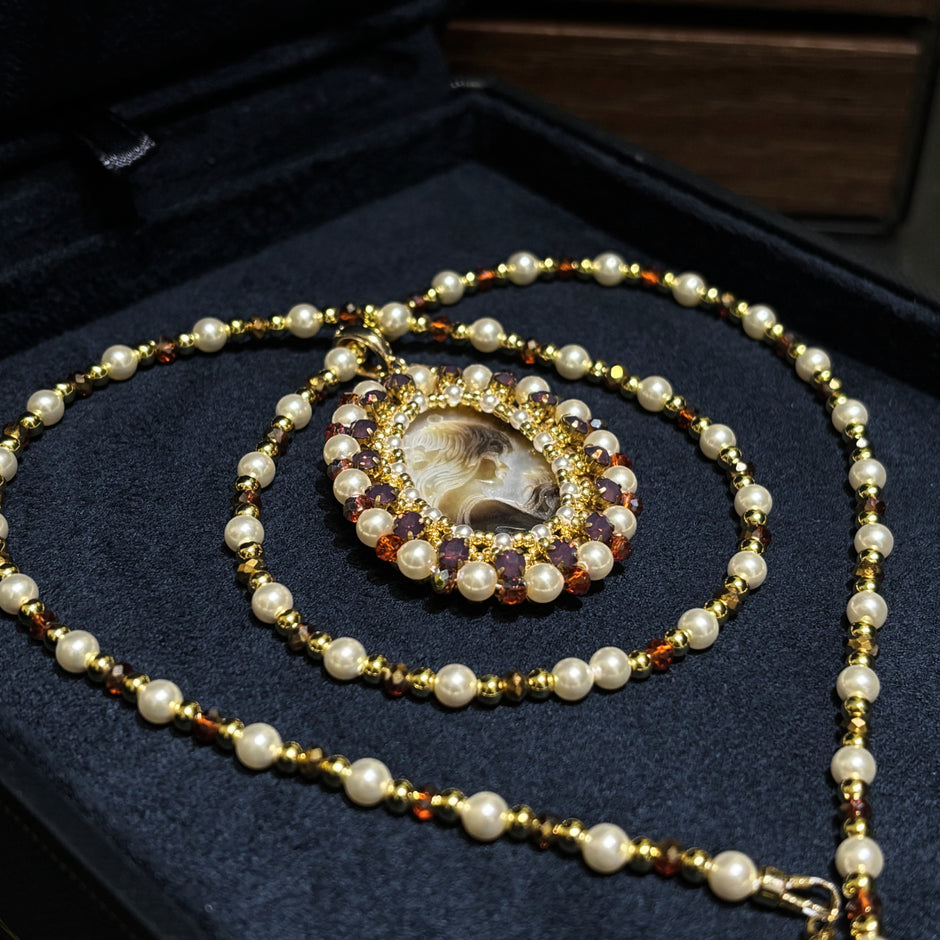 (N6) Cameo Goddess | Black Mother-of-Pearl Pendant Necklace with Swarovski Pearls & TOHO Seed Beads