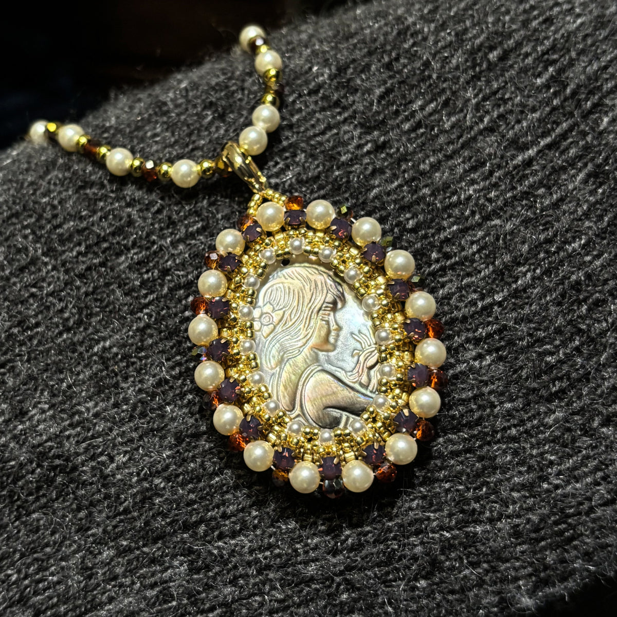 (N6) Cameo Goddess | Black Mother-of-Pearl Pendant Necklace with Swarovski Pearls & TOHO Seed Beads