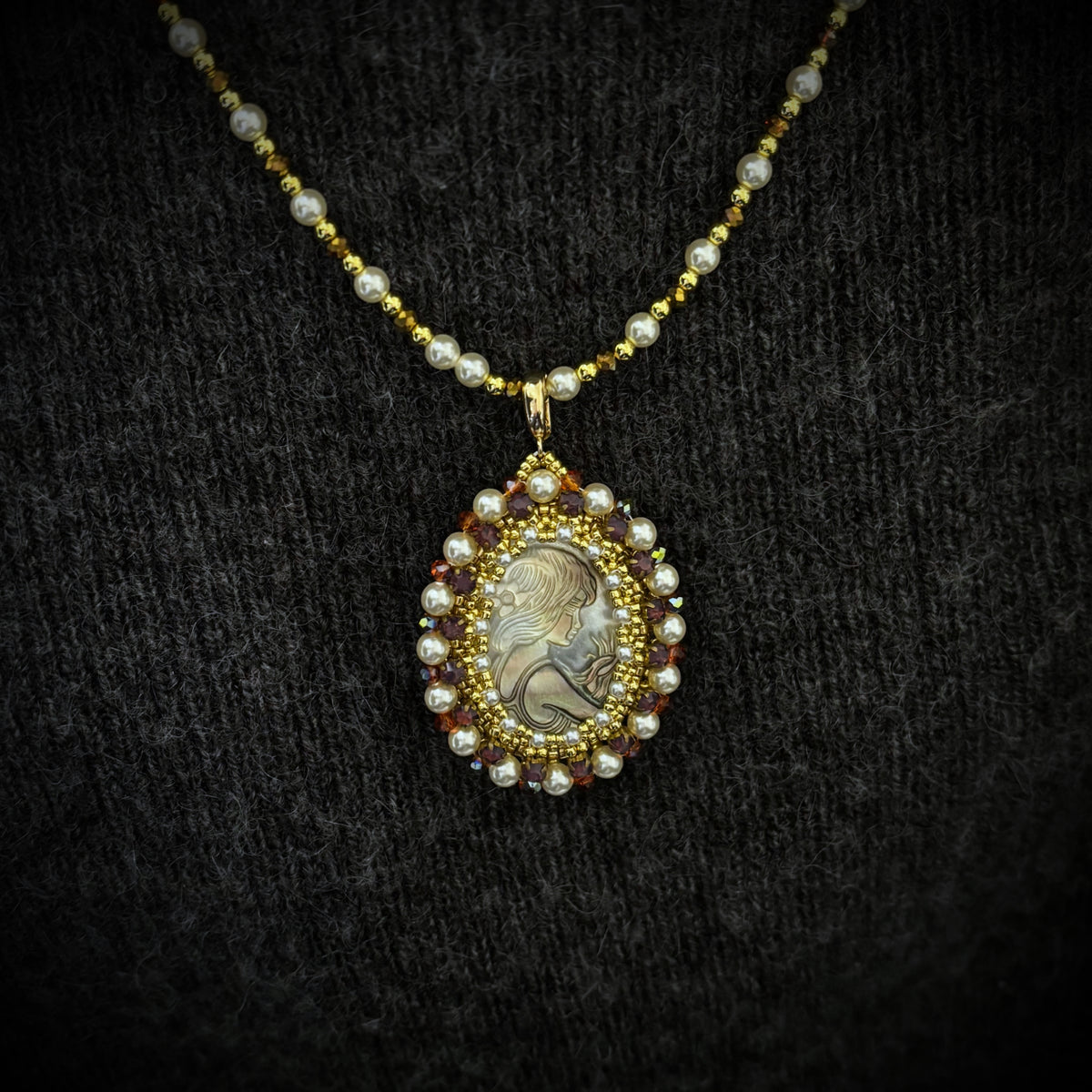 (N6) Cameo Goddess | Black Mother-of-Pearl Pendant Necklace with Swarovski Pearls & TOHO Seed Beads