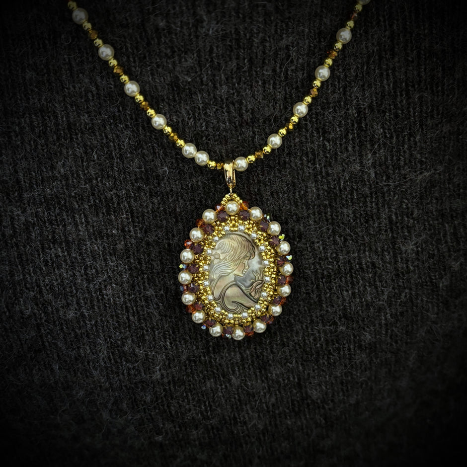 (N6) Cameo Goddess | Black Mother-of-Pearl Pendant Necklace with Swarovski Pearls & TOHO Seed Beads