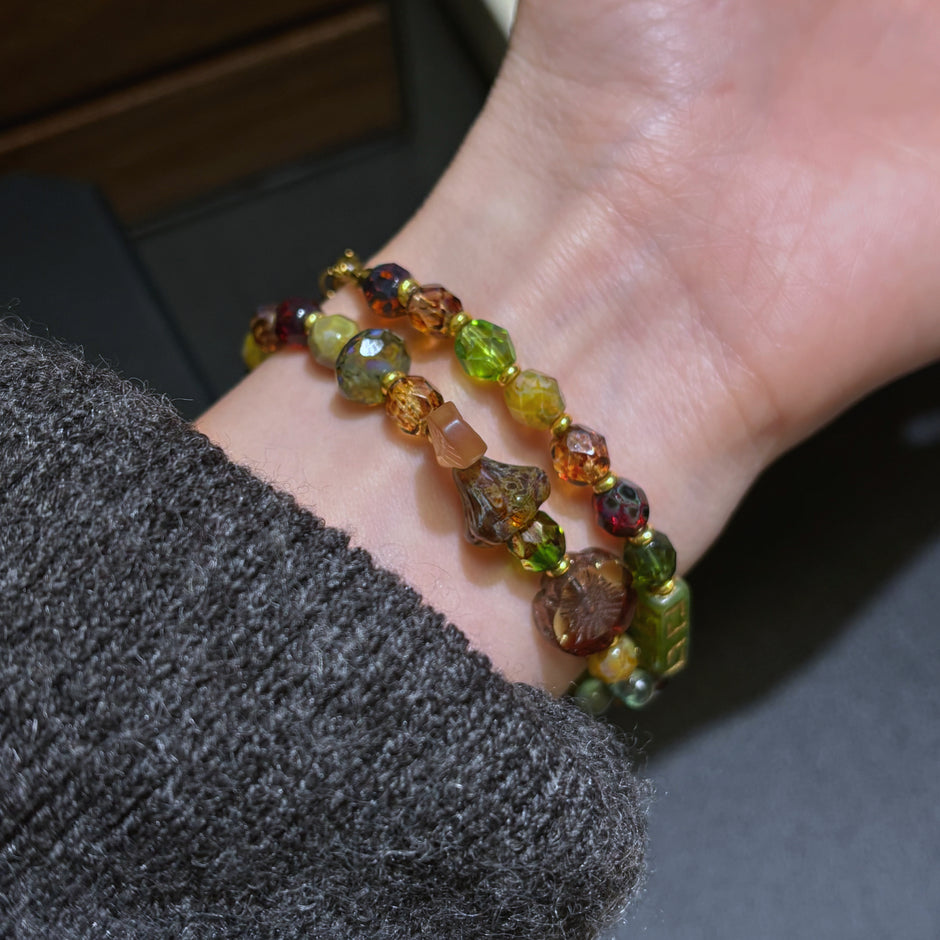 (N28) Convertible Fire-Polished Czech Glass Jewelry - Dual-Wear Choker & Double Layer Bracelet