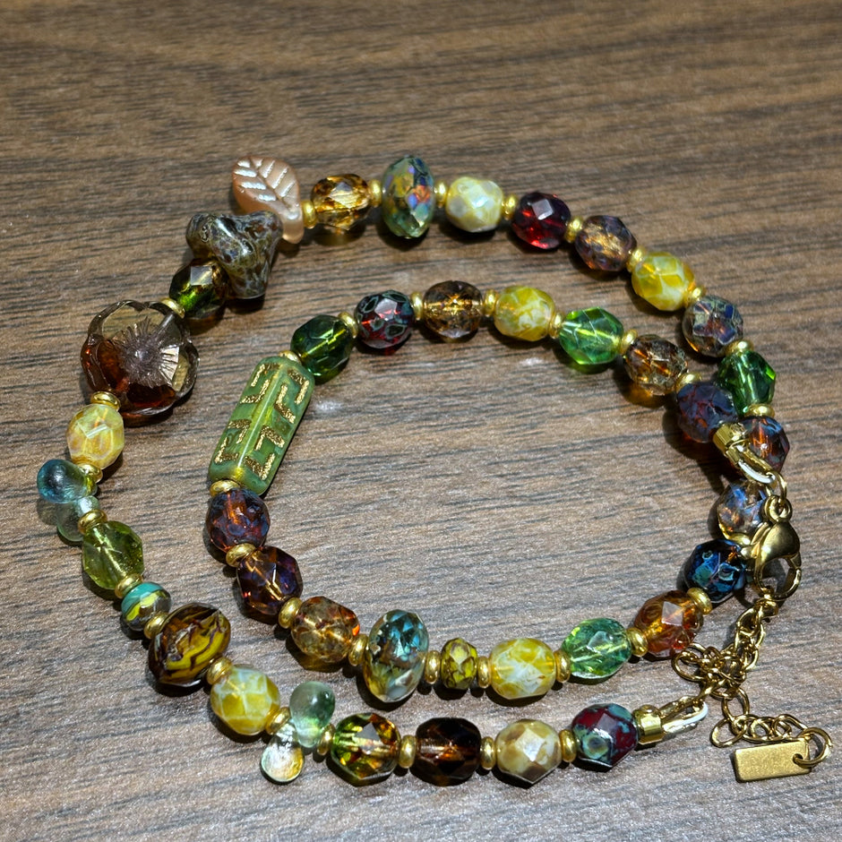 (N28) Convertible Fire-Polished Czech Glass Jewelry - Dual-Wear Choker & Double Layer Bracelet