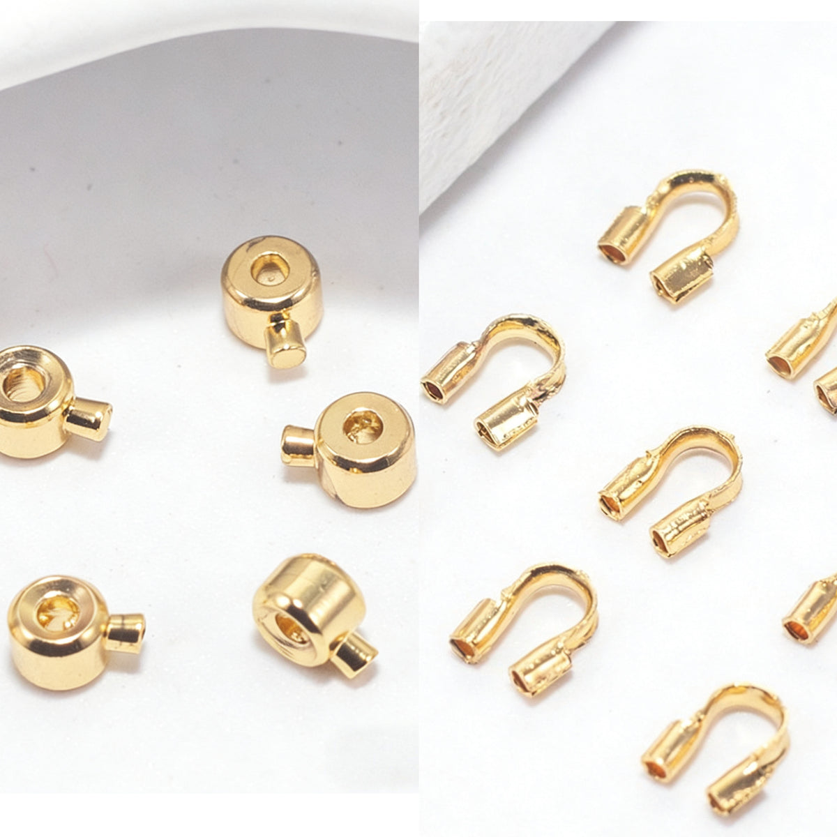 (JF13)18K Gold Jewelry Finishing Kit - Crimp Beads & U-Shape Wire Protectors Set