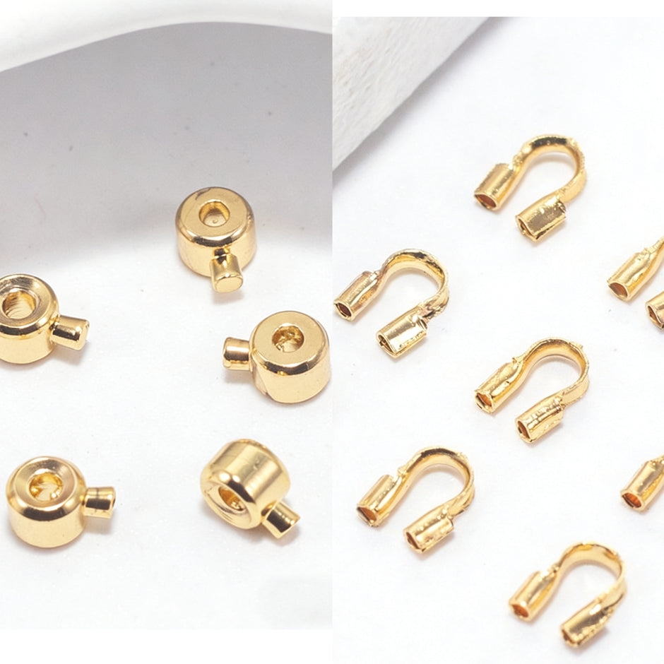 (JF13)18K Gold Jewelry Finishing Kit - Crimp Beads & U-Shape Wire Protectors Set