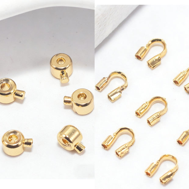 (JF13)18K Gold Jewelry Finishing Kit - Crimp Beads & U-Shape Wire Protectors Set