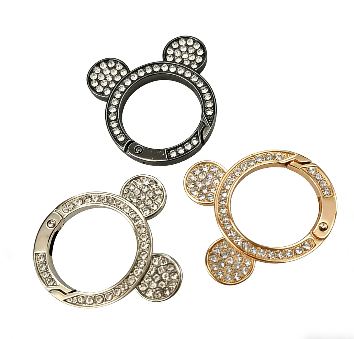 (JF17) Mickey Ear Rhinestone Spring Gate Rings - 25mm Bling Mouse Head Carabiner