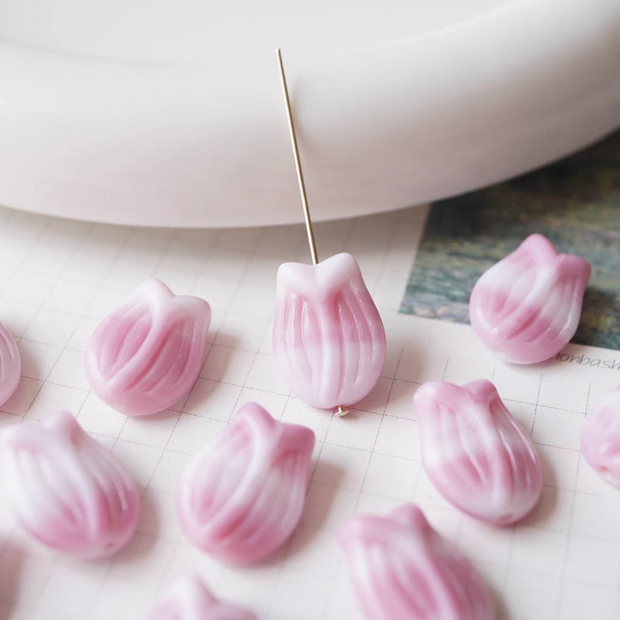 16x11mm Czech Glass Tulip Flower Beads - Pink & White