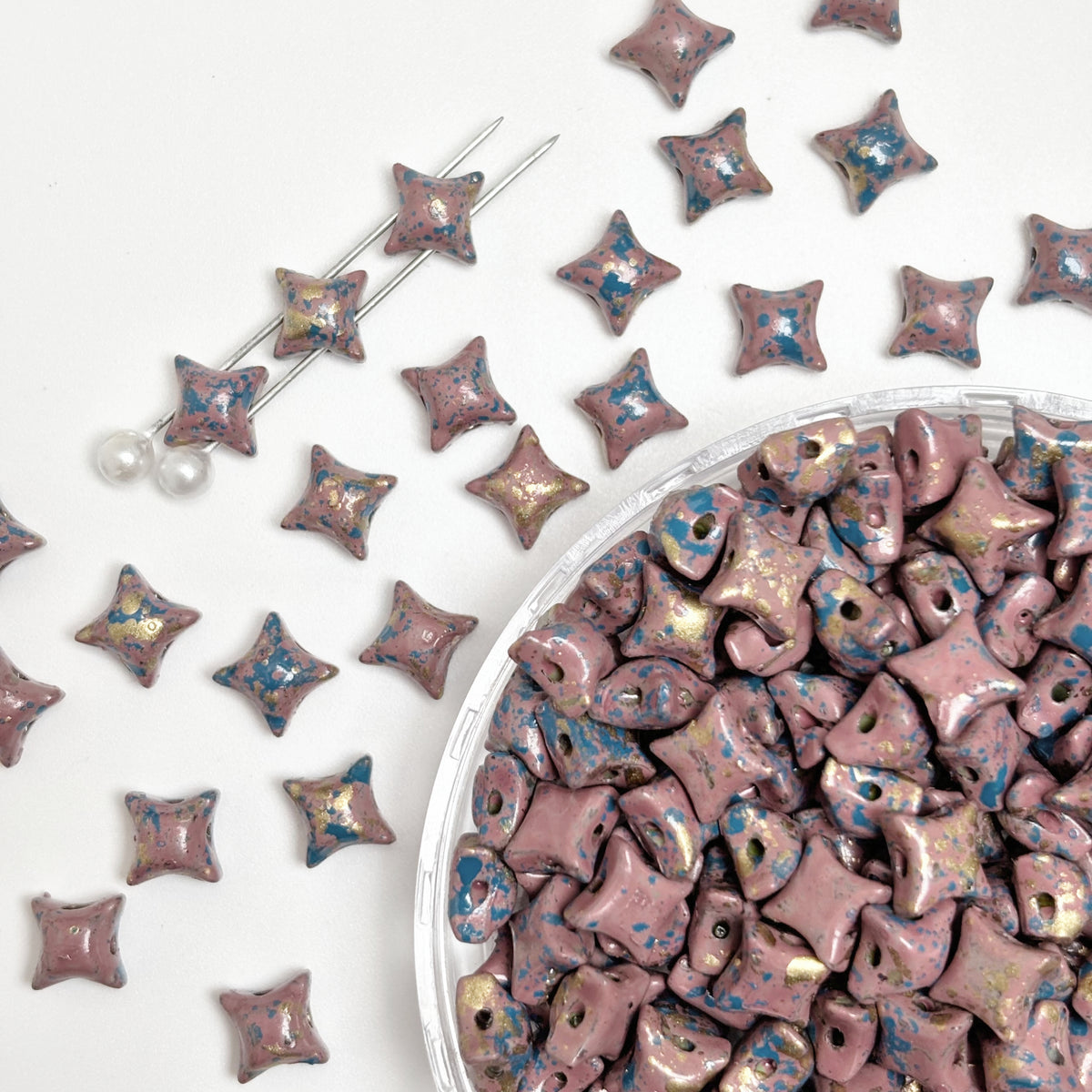 (P10) Picasso Style 2-Hole Four-Pointed Star Glass Beads - Custom Colorway