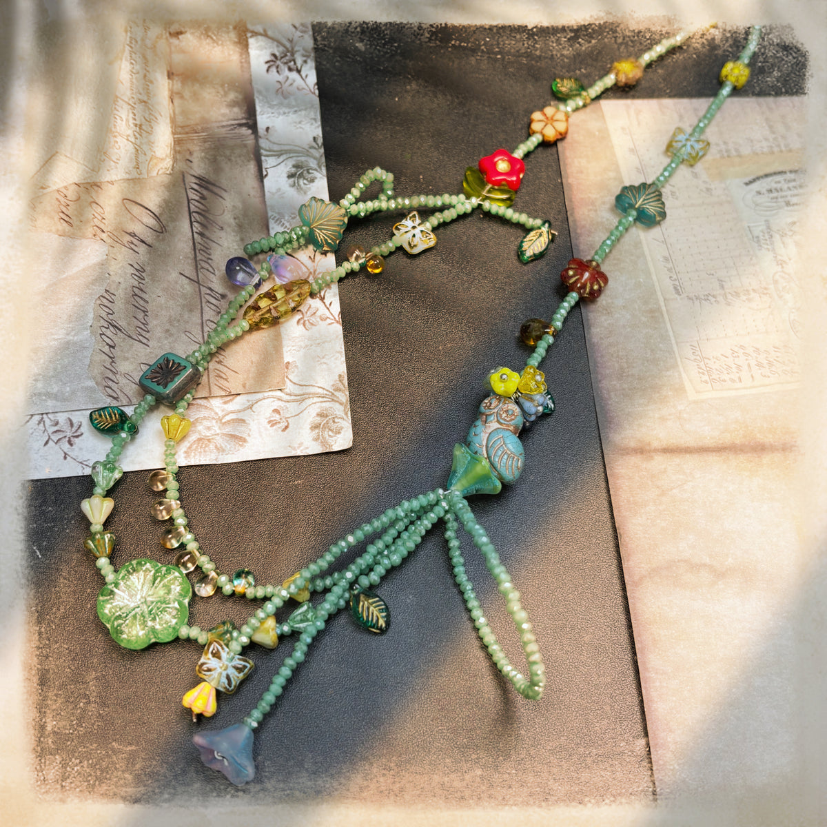 (N3) Mint Czech Glass Cutie Owl with bow designed Beaded Necklace