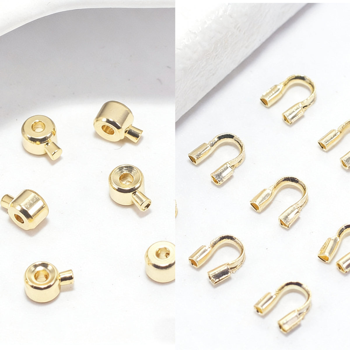 (JF13)18K Gold Jewelry Finishing Kit - Crimp Beads & U-Shape Wire Protectors Set