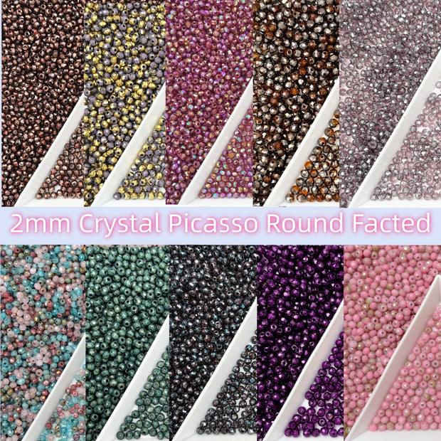 (P2) 2mm Picasso Faceted  Round Beads, Crystal Glass Beads For DIY Jewelry