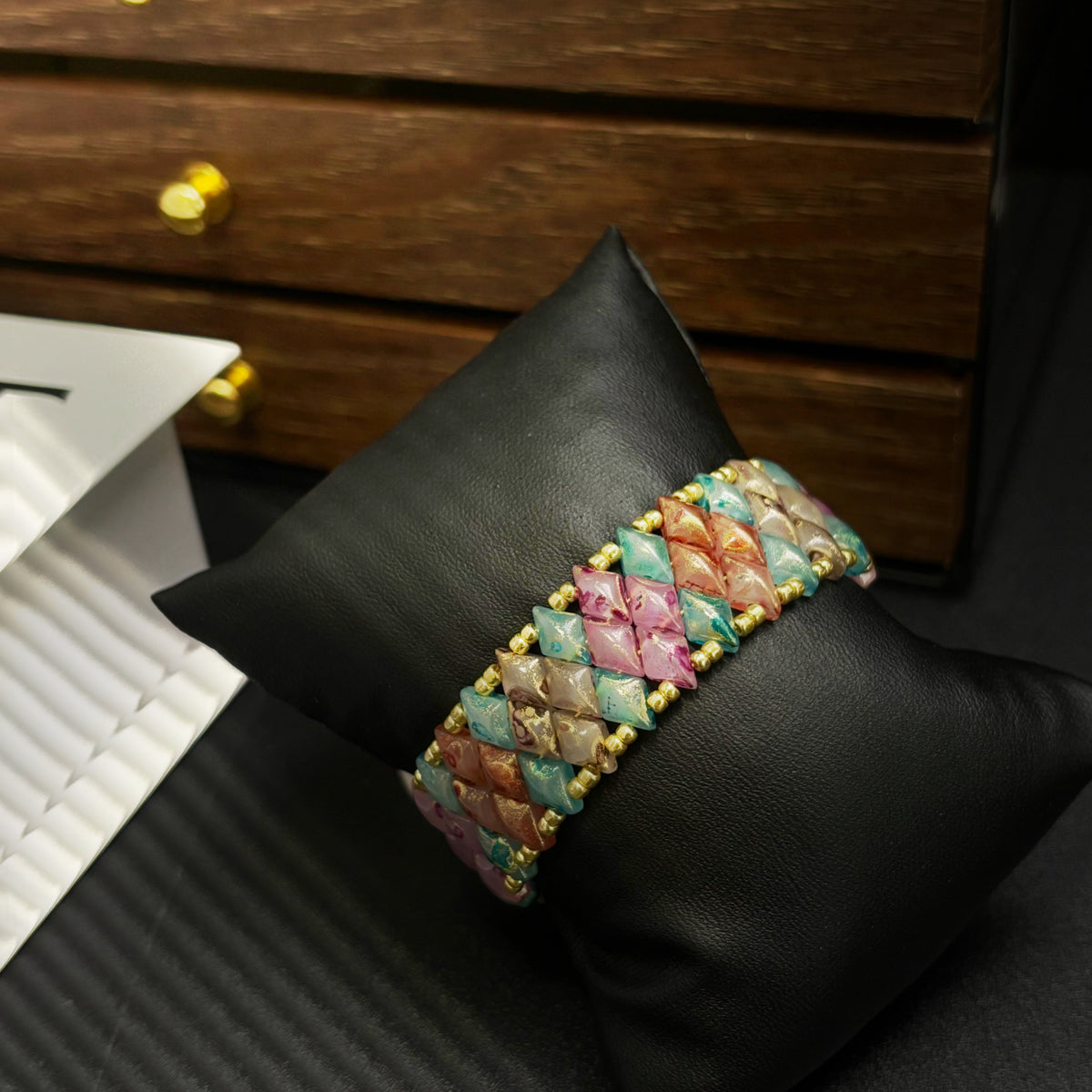(N15) Tourmaline Glass Diamond-Duo Handmade Bracelet