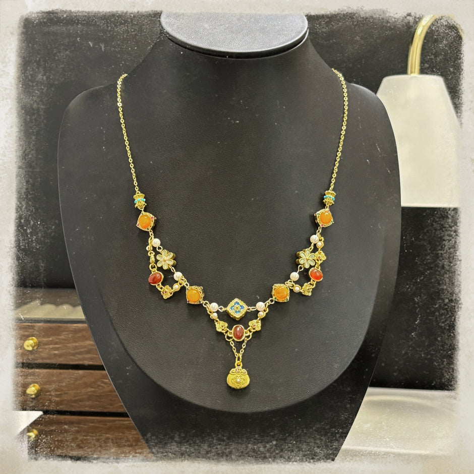 (N18) Carnelian Turquoise 18K Gold Plated Y-Necklace Handmade