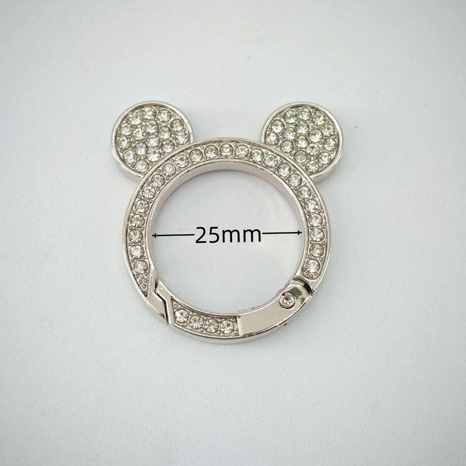 (JF17) Mickey Ear Rhinestone Spring Gate Rings - 25mm Bling Mouse Head Carabiner