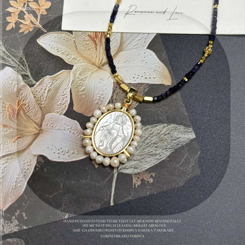 (N19) Vintage Virgin Mary Mother- Pearl Necklace Handmade