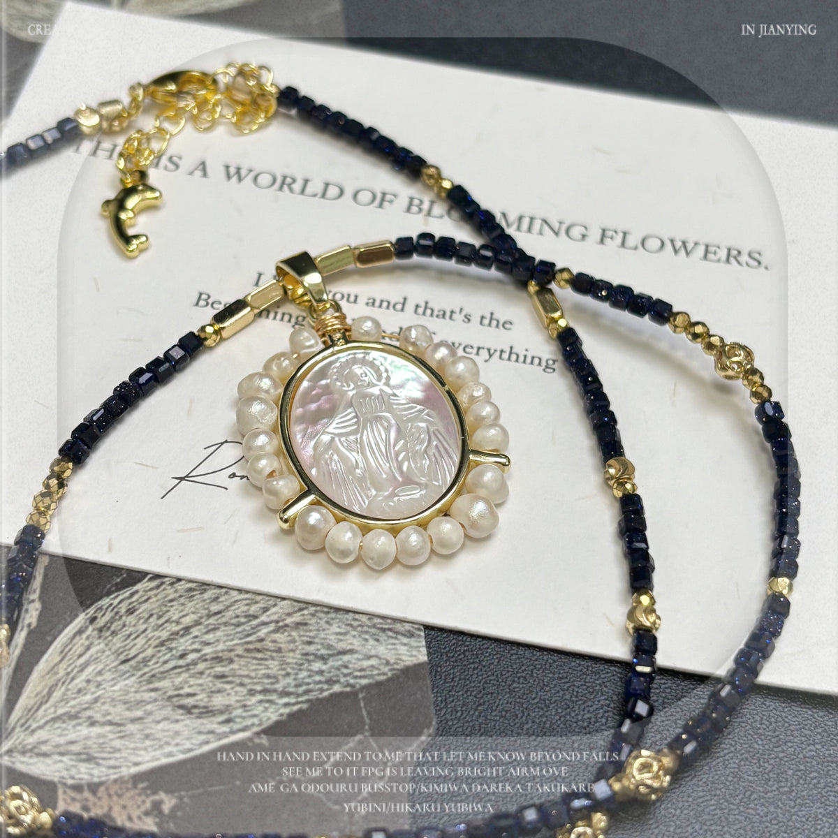 (N19) Vintage Virgin Mary Mother- Pearl Necklace Handmade