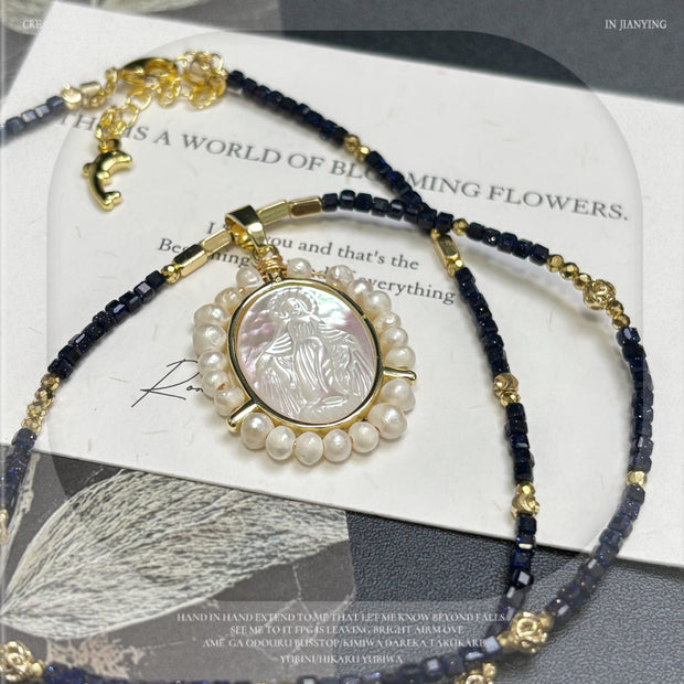 (N19) Vintage Virgin Mary Mother- Pearl Necklace Handmade