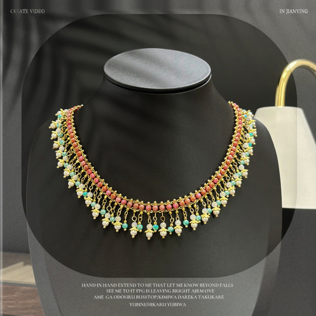 (N20) Ethereal Sway: Nanhong & Turquoise Pearl Drop Necklace (Elegant, highlights movement)