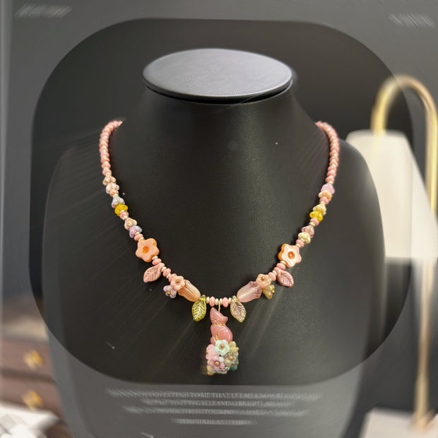 (N21) Sakura Lilies & Kitty Floral Handmade Necklace