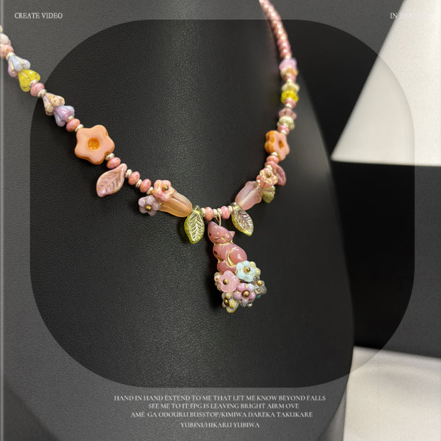 (N21) Sakura Lilies & Kitty Floral Handmade Necklace