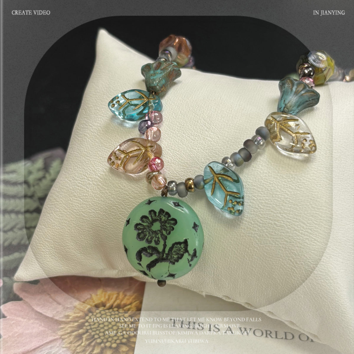 (N22) Czech Glass Magritte Flower Pendant  Necklace Handmade
