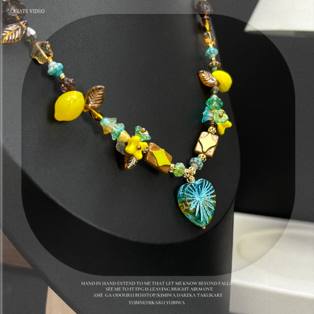 (N26) Summer Pastoral Czech Glass Heart Pendant Handmade Necklace