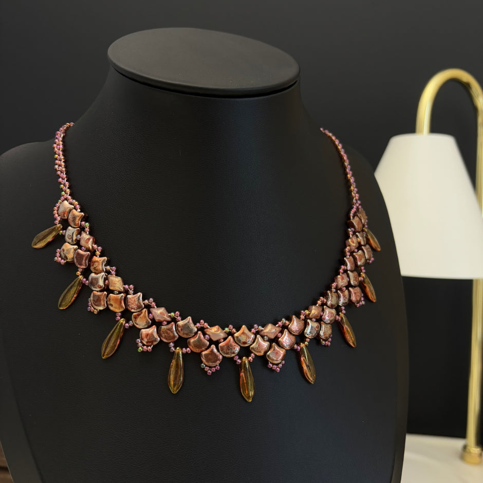 (N27) Iridescent Crimson Gingko Layered Handmade Necklace