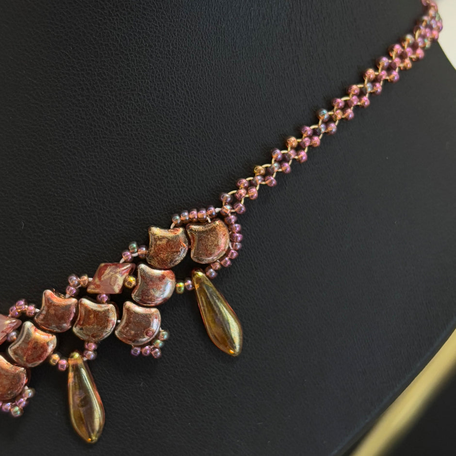 (N27) Iridescent Crimson Gingko Layered Handmade Necklace