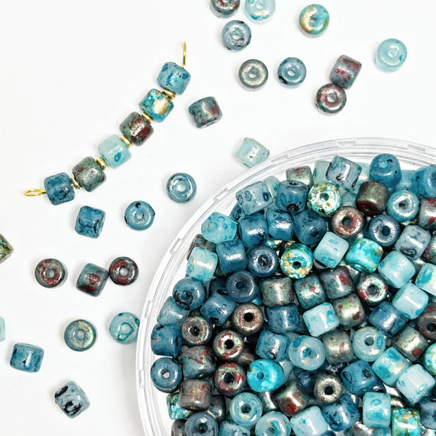 (P14) Mixed 4mm Picasso Mini Barrel Glass Beads – Rustic Glass Beads for Jewelry Making