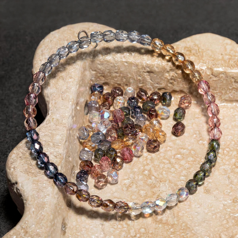 (CZ2) 3mm, 4mm Czech Glass Fire-Polished Beads - Tourmaline Translucent Mix