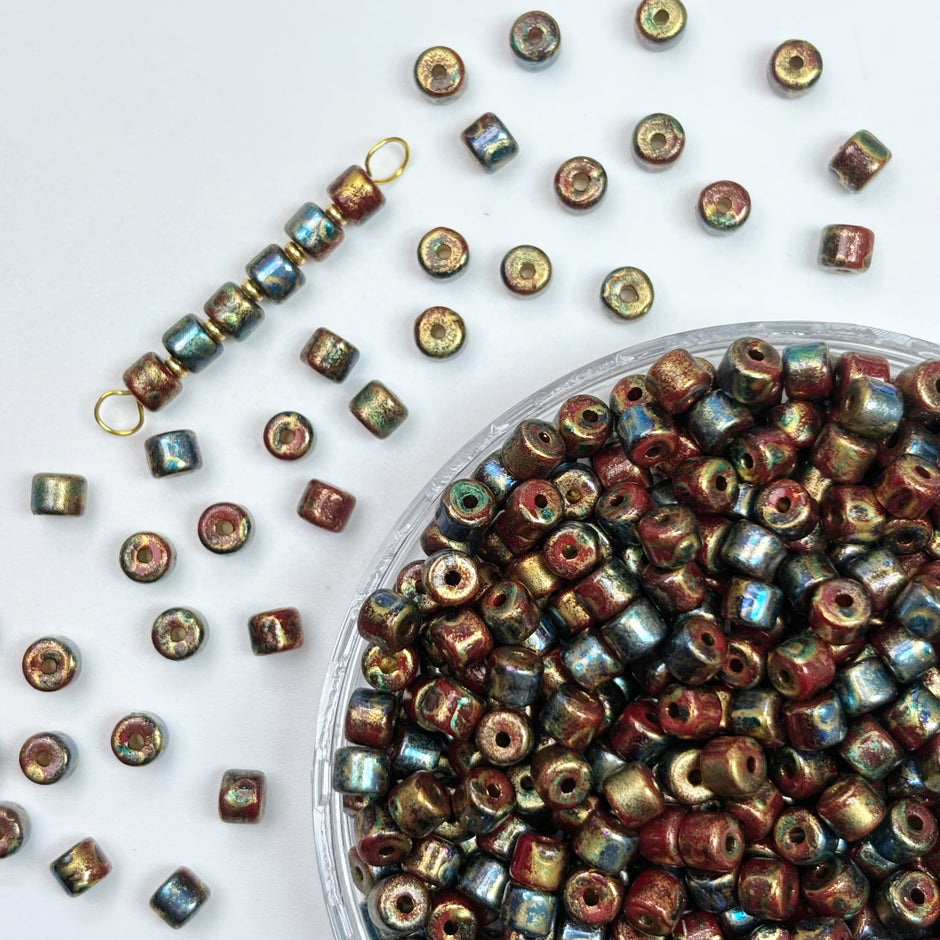 (P3) 4mm Picasso Mini Barrel Glass Beads – Rustic Glass Beads for Jewelry Making