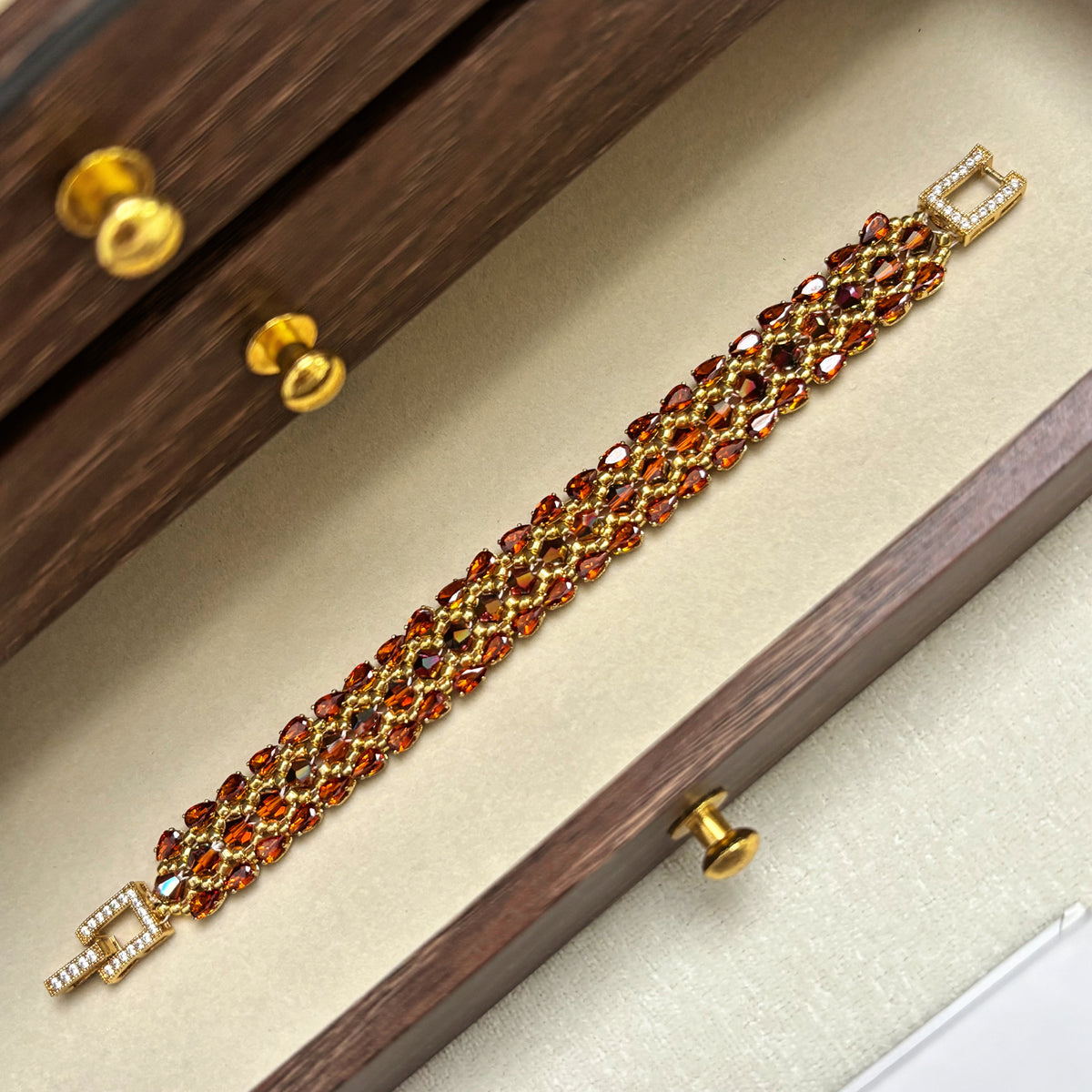 Amber Sunset Artisan Bracelet | Picasso Crystal Bicone & Toho Beadwork with 18K Gold Pave Clasp